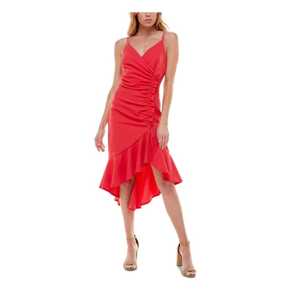 EMERALD SUNDAE Womens Midi Dress Spaghetti Strap Shirred Side Front Hem